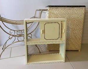 lot 467 image: Three Pieces Vintage Bathroom Lot- Hamper, Metal Shelf, Metal Vanity Stool