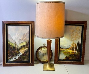 lot 472 image: Two Oil on Canvas Pictures, Mid Century Lamp and Barometer