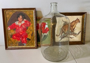 lot 474 image: Vintage Glass Watercooler Jug and Three Framed Needlepoint Wall Hangings