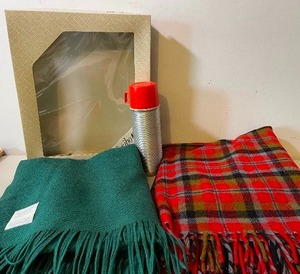 lot 478 image: Picnic LOT - Faribo Green Blanket, Red Plaid Wool Blanket and Vintage Thermos