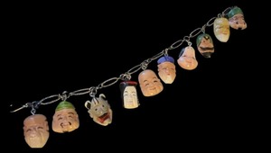 lot 546 image: Vintage Chinese Carved Immortals Dangle Bracelet, Butterfly Wing Jewelry, Fly Fishing Lure Earrings