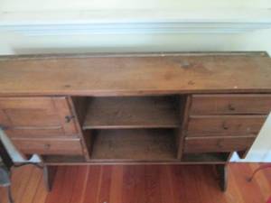 lot 44 image: Antique EntrySofa table with drawer, cabinet and open shelf storage