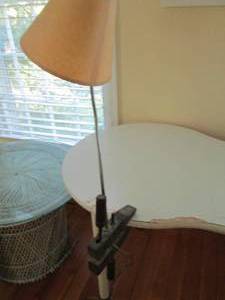 lot 53 image: Cleverly constructed Gooseneck lamp on attached Wood workers clamp