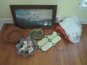 lot 55 image: Wood framed Duck wall art , outdoor citronella fire rock and assorted home decor accessories