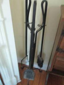 lot 59 image: Solid Metal fireplace tools with coat rack style elevated stand