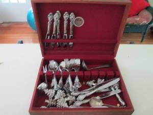 lot 74 image: Nakens tarnish proof silverware chest with beautiful Lyons stainless steel flatware and Dept 56 tree accessories