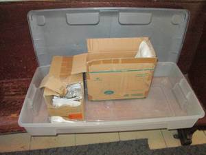 lot 97 image: Long covered storage with an assortment of disposable Spoons and Forms