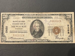 1929 Brown Seal $20 National Note Marine Bank of Milwaukee