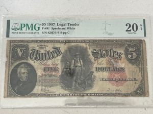 lot 2 image: 1907 $5 Dollar United States Note PMG20