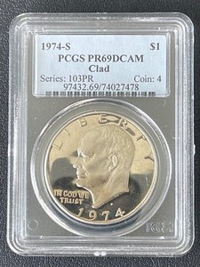 lot 10 image: 1974-S Eisenhower Dollar Proof PCGS PR69 Deep Cameo Clad