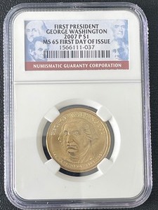 lot 19 image: 2007-P George Washington Dollar NGC MS65 First Day of Issue