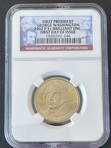 lot 93 image: 2007-P George Washington Dollar NGC Brilliant Uncirculated First Day of Issue