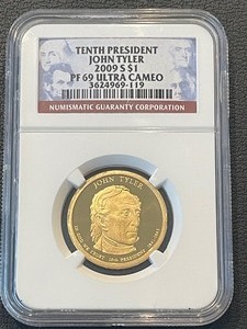 lot 126 image: 2009-S John Tyler Dollar Proof NGC PF69 Ultra Cameo