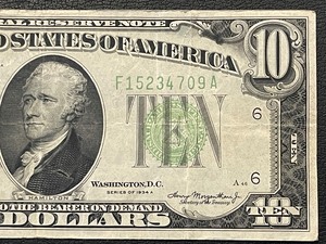 lot 145 image: 1934 A Green Seal $10 Dollar Federal Reserve Note