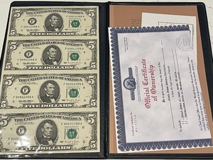 lot 157 image: 1995 Uncut Sheet of $5 Dollar Bills