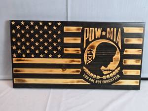 lot 1 image: POW MIA CNC Burned Wood American Flag  Approx. 11 18 x 21 14