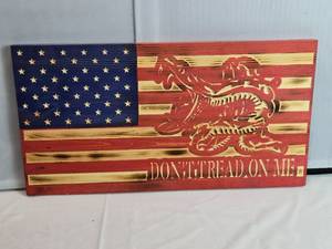 lot 3 image: Dont Tread on Me CNC Burned Wood American Flag Approx. 11 18 x 21 14