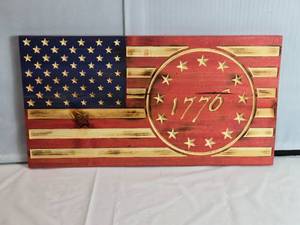 lot 4 image: 1776 Betsy Ross CNC Burned Wood American Flag Approx. 11 18 x 21 14