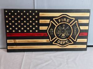 lot 5 image: Fire Department CNC Burned Wood American Flag Approx. 11 18 x 21 14