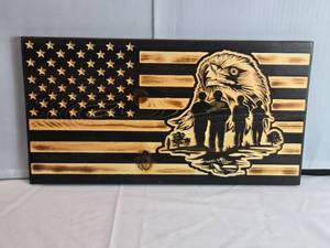 lot 6 image: Soldiers and Eagle CNC Burned Wood American Flag Approx. 11 18 x 21 14