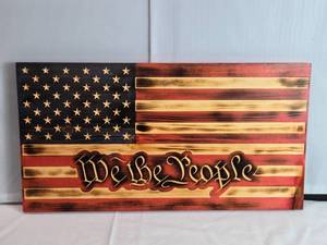 lot 7 image: We the People CNC Burned Wood American Flag Approx. 11 18 x 21 14