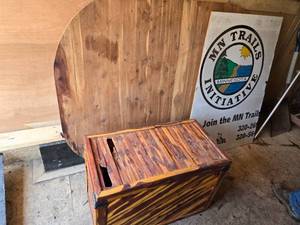 lot 92 image: Old MN Trails Sign, Cedar Table Top, Wooden Chest