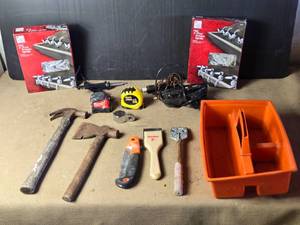 lot 143 image: Hammer, Hatchet, Glue Gun, Wood Burners, Xmas Light Hooks and More