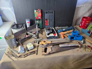 lot 164 image: Huge Lot of Tools Miter Box, Glue Gun, Electrical Boxes, Caulk Guns, Hammer, Saw
