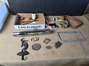 lot 165 image: Belt Buckles, License Plate Frame and More