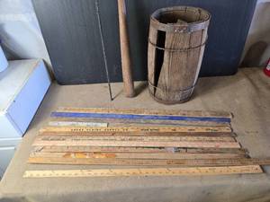 lot 169 image: Wooden Barrel, Bat and Yardsticks