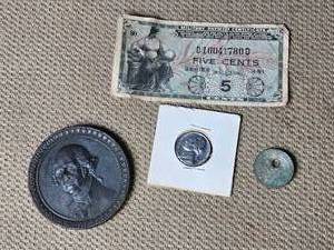 lot 173 image: Five Cent Military Payment Certificate, 1968 Nickel, Quarter with a hole in it and Other Items