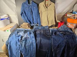 lot 212 image: Huge Lot of Jeans (Most Missing Tags, Tags Found are 38x33 & 42x33), Shirts, Well Used Insulated Coveralls