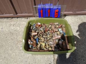 Tub of copper & brass fittings. We think about 15 lbs. As shown.