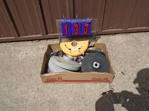 Flat of grinder, sander parts & table saw parts. As shown.