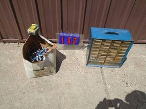 Organizer of radio parts, box of contracotrs & bat. As shown.