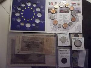 Euro Zone Country Coin Set, 1918 German WW1 Coin, 1938 German Coins & Paper Currency (1923 & 1929)