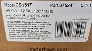 Cadet heat Well heater model CS151T part 67524 no can or grill