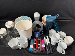 lot 96 image: Plastic Plates, Serving Dishes, Ceramic Mugs, Glass Pitchers and more