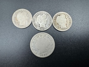 lot 15 image: Three Silver Barber Dimes and One 1902 Liberty Head V Nickel