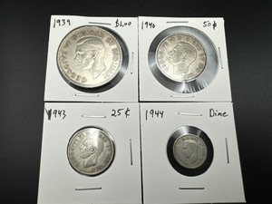lot 25 image: Silver Canadian Coin Set 1939 Dollar, 1940 Fifty Cent, 1943 Quarter, 1944 Dime