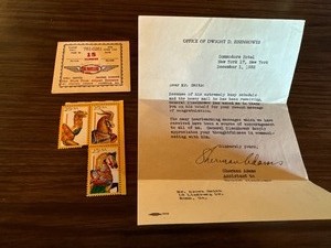 lot 212 image: Vintage Letter from The Office of Dwight D. Eisenhower and Stamps