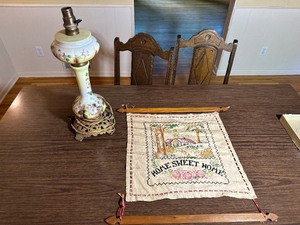 lot 216 image: Vintage Lamp and Home Sweet Home Needlepoint Hanging