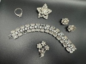 lot 239 image: Seven Pieces Vintage Rhinestone Bracelet, Ring, Earrings, and Brooches
