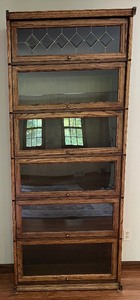 lot 1 image: Vintage Oak Barrister Bookshelves with Leaded Glass Accent