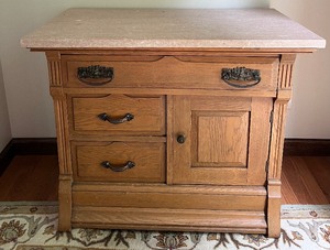 lot 19 image: Vintage Wood Dry Sink with Dovetail Joints and Marble Top