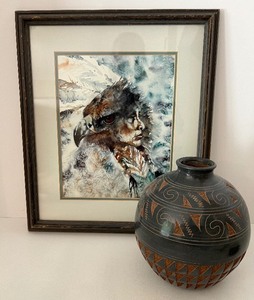 lot 25 image: Framed JAN TAYLOR Print - Vision of the Sacred Eagle and Carved, Artisan Pottery Vase