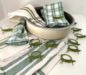 lot 80 image: Oh Crickets  Vintage Linens, Metal Bowl and Cricket  Grasshopper Napkin Rings