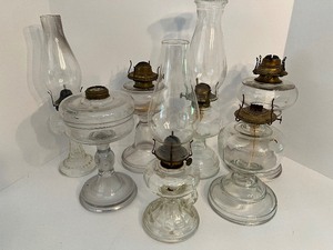 lot 81 image: Vintage Antique Oil  Kerosene Glass Lamps including RIVERSIDE CLINCH