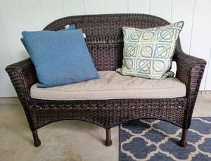lot 53B image: Vintage Outdoor Wicker Loveseat and Chair with Cushions