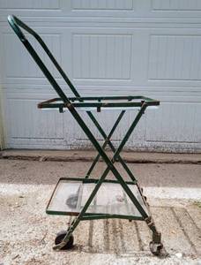 lot 39 image: Vintage Folding Metal Utility Cart with Glass Inserts